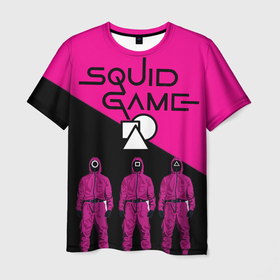 Мужская футболка 3D с принтом Игра в Кальмара Стражи в Белгороде, 100% полиэфир | прямой крой, круглый вырез горловины, длина до линии бедер | squid game | игра в кальмара | кальмар | персонажи из сериала | стража squid game