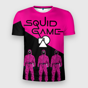 Мужская футболка 3D Slim с принтом Игра в Кальмара Стражи в Санкт-Петербурге, 100% полиэстер с улучшенными характеристиками | приталенный силуэт, круглая горловина, широкие плечи, сужается к линии бедра | squid game | игра в кальмара | кальмар | персонажи из сериала | стража squid game