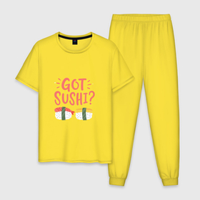 Мужская пижама хлопок с принтом Суши есть в Новосибирске, 100% хлопок | брюки и футболка прямого кроя, без карманов, на брюках мягкая резинка на поясе и по низу штанин
 | got sushi | еда | палочки | суши | фастфуд