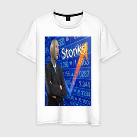 Мужская футболка хлопок с принтом Stonks, investor в Санкт-Петербурге, 100% хлопок | прямой крой, круглый вырез горловины, длина до линии бедер, слегка спущенное плечо. | stonks | инвестор | лысый | математика | стонкс | цифры | экономист