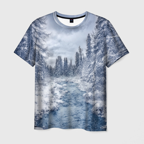 Мужская футболка 3D с принтом СНЕЖНЫЙ ПЕЙЗАЖ в Новосибирске, 100% полиэфир | прямой крой, круглый вырез горловины, длина до линии бедер | Тематика изображения на принте: fores | ice | snow | white | winter | белый | вода | зима | иней | красота | лед | лес | мороз | небо | новый год | пейзаж | природа | река | ручей | снег