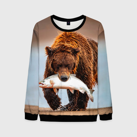 Мужской свитшот 3D с принтом Медведь с рыбой во рту в Екатеринбурге, 100% полиэстер с мягким внутренним слоем | круглый вырез горловины, мягкая резинка на манжетах и поясе, свободная посадка по фигуре | bear | дикие | животные | звери | лес | медведь | мишка | природа | русская рыбалка | рыба