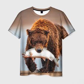 Мужская футболка 3D с принтом Медведь с рыбой во рту в Кировске, 100% полиэфир | прямой крой, круглый вырез горловины, длина до линии бедер | bear | дикие | животные | звери | лес | медведь | мишка | природа | русская рыбалка | рыба