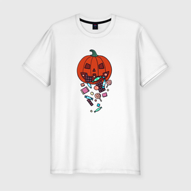Мужская футболка хлопок Slim с принтом Pumpkin Puke в Новосибирске, 92% хлопок, 8% лайкра | приталенный силуэт, круглый вырез ворота, длина до линии бедра, короткий рукав | candies | chocolate | pumpkin | конфеты | сладости | тыква | шоколад