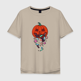 Мужская футболка хлопок Oversize с принтом Pumpkin Puke в Екатеринбурге, 100% хлопок | свободный крой, круглый ворот, “спинка” длиннее передней части | candies | chocolate | pumpkin | конфеты | сладости | тыква | шоколад