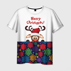 Мужская футболка 3D с принтом Merry Christmas (оленёнок) в Новосибирске, 100% полиэфир | прямой крой, круглый вырез горловины, длина до линии бедер | christmas | merry christmas | santa claus | дед мороз | ёлка | новогодние олени | новый год | оленёнок бэмби | оленёнок рудольф | орнамент | с новым годом | сантаклаус | свитер с оленями | снегурочка | снежинки | узоры