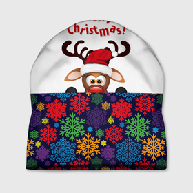 Шапка 3D с принтом Merry Christmas (оленёнок) в Курске, 100% полиэстер | универсальный размер, печать по всей поверхности изделия | christmas | merry christmas | santa claus | дед мороз | ёлка | новогодние олени | новый год | оленёнок бэмби | оленёнок рудольф | орнамент | с новым годом | сантаклаус | свитер с оленями | снегурочка | снежинки | узоры