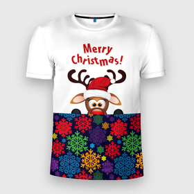 Мужская футболка 3D спортивная с принтом Merry Christmas (оленёнок) в Тюмени, 100% полиэстер с улучшенными характеристиками | приталенный силуэт, круглая горловина, широкие плечи, сужается к линии бедра | christmas | merry christmas | santa claus | дед мороз | ёлка | новогодние олени | новый год | оленёнок бэмби | оленёнок рудольф | орнамент | с новым годом | сантаклаус | свитер с оленями | снегурочка | снежинки | узоры