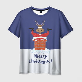 Мужская футболка 3D с принтом Санта в трубе с Оленем в Новосибирске, 100% полиэфир | прямой крой, круглый вырез горловины, длина до линии бедер | christmas | merry christmas | santa claus | дед мороз | ёлка | новогодние олени | новый год | оленёнок бэмби | оленёнок рудольф | орнамент | с новым годом | сантаклаус | свитер с оленями | снегурочка | снежинки | узоры