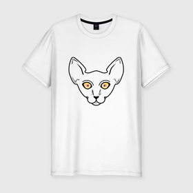 Мужская футболка хлопок Slim с принтом Глазастый кот в Санкт-Петербурге, 92% хлопок, 8% лайкра | приталенный силуэт, круглый вырез ворота, длина до линии бедра, короткий рукав | Тематика изображения на принте: большие глаза | взгляд | животное | кот | кошка | рисунок