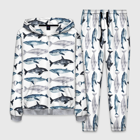 Мужской костюм 3D с принтом принт с китами в Санкт-Петербурге, 100% полиэстер | Манжеты и пояс оформлены тканевой резинкой, двухслойный капюшон со шнурком для регулировки, карманы спереди | ocean | sea | киты | море | морской принт | морской фон | океан | паттерн | рыбы | текстуры