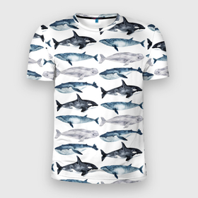 Мужская футболка 3D Slim с принтом принт с китами , 100% полиэстер с улучшенными характеристиками | приталенный силуэт, круглая горловина, широкие плечи, сужается к линии бедра | ocean | sea | киты | море | морской принт | морской фон | океан | паттерн | рыбы | текстуры