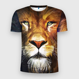 Мужская футболка 3D Slim с принтом Лев царь зверей. в Белгороде, 100% полиэстер с улучшенными характеристиками | приталенный силуэт, круглая горловина, широкие плечи, сужается к линии бедра | lev | гордость | гордый | животное | зверь | кошка | лев | лева | царь зверей