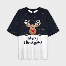 Мужская футболка OVERSIZE 3D с принтом Новогодний Оленёнок Рудольф в Новосибирске,  |  | christmas | merry christmas | santa claus | дед мороз | ёлка | новогодние олени | новый год | оленёнок бэмби | оленёнок рудольф | с новым годом | сантаклаус | свитер с оленями | северный олень | снегурочка | снежинки