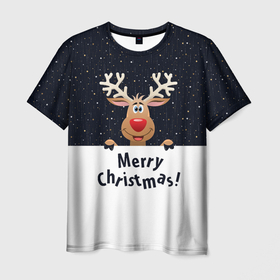 Мужская футболка 3D с принтом Новогодний Оленёнок Рудольф , 100% полиэфир | прямой крой, круглый вырез горловины, длина до линии бедер | christmas | merry christmas | santa claus | дед мороз | ёлка | новогодние олени | новый год | оленёнок бэмби | оленёнок рудольф | с новым годом | сантаклаус | свитер с оленями | северный олень | снегурочка | снежинки
