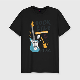 Мужская футболка хлопок Slim с принтом Rok Star Music , 92% хлопок, 8% лайкра | приталенный силуэт, круглый вырез ворота, длина до линии бедра, короткий рукав | generation | арт | гитара | звезда | иллюстрация | рок | череп