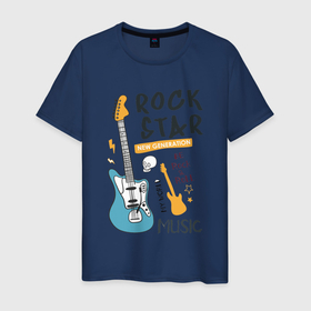 Мужская футболка хлопок с принтом Rok Star Music , 100% хлопок | прямой крой, круглый вырез горловины, длина до линии бедер, слегка спущенное плечо. | generation | арт | гитара | звезда | иллюстрация | рок | череп