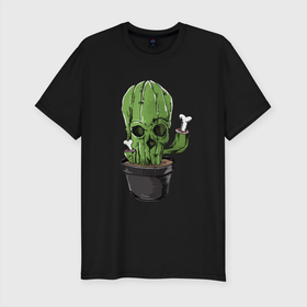 Мужская футболка хлопок Slim с принтом Смертельный кактус в Тюмени, 92% хлопок, 8% лайкра | приталенный силуэт, круглый вырез ворота, длина до линии бедра, короткий рукав | арт | горшок | иллюстрация | кактус | кости | растение | цветок | череп