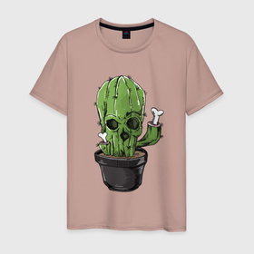 Мужская футболка хлопок с принтом Смертельный кактус в Белгороде, 100% хлопок | прямой крой, круглый вырез горловины, длина до линии бедер, слегка спущенное плечо. | арт | горшок | иллюстрация | кактус | кости | растение | цветок | череп
