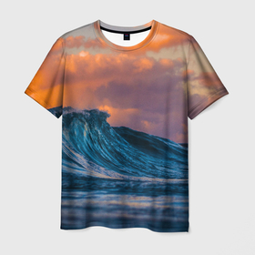 Мужская футболка 3D с принтом Закат над волной в Кировске, 100% полиэфир | прямой крой, круглый вырез горловины, длина до линии бедер | волна | закат | море | небо | облака