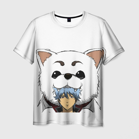 Мужская футболка 3D с принтом Гинтоки Саката и песик Гинтама в Тюмени, 100% полиэфир | прямой крой, круглый вырез горловины, длина до линии бедер | anime | gentama | gintama | gintoki | аниме | гентама | гинтама | гинтоки