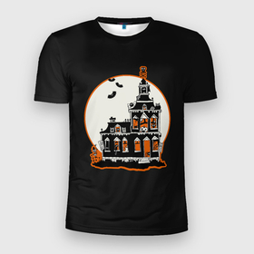 Мужская футболка 3D Slim с принтом Gloomy Castle в Новосибирске, 100% полиэстер с улучшенными характеристиками | приталенный силуэт, круглая горловина, широкие плечи, сужается к линии бедра | bat | castle | cat | dark | gloomy | halloween | jack | lamp | moon | night | pumpkin | skeleton | spider | sunset | tailcoat | web | джек | джека | замок | кот | летучая | луна | мрачный | мышь | ночь | паук | паутина | свет | светильник |