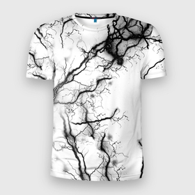 Мужская футболка 3D Slim с принтом нейронные связи в Тюмени, 100% полиэстер с улучшенными характеристиками | приталенный силуэт, круглая горловина, широкие плечи, сужается к линии бедра | иллюстрация | молния | нейрон | узор | черно белый