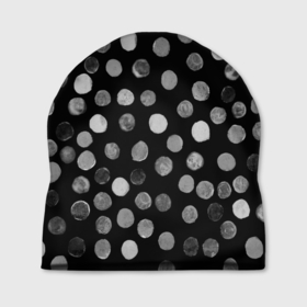 Шапка 3D с принтом Кружочки на черном фоне в Тюмени, 100% полиэстер | универсальный размер, печать по всей поверхности изделия | белое | горох | горошек | краска | круги | круглое | круглые | кружки | кружочки | мазки | орнамент | паттерн | принт | пятна | пятнышки | серое | узор | чб | чернобелое | черное