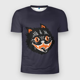 Мужская футболка 3D Slim с принтом Одержимый кот в Петрозаводске, 100% полиэстер с улучшенными характеристиками | приталенный силуэт, круглая горловина, широкие плечи, сужается к линии бедра | Тематика изображения на принте: anger | black | cat | eyes | halloween | mad | mystic | obsessed | rage | teeth | бешеный | глаза | гнев | зубы | кот | мистика | одержимый | хэллоуин | черный | ярость