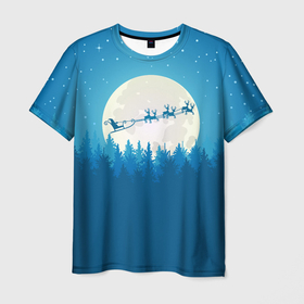 Мужская футболка 3D с принтом Санта с Оленями в Екатеринбурге, 100% полиэфир | прямой крой, круглый вырез горловины, длина до линии бедер | christmas | merry christmas | santa claus | дед мороз | ёлка | зима | луна | мороз | новогодние олени | новый год | оленёнок рудольф | подарок | праздник | рождество | с новым годом | сани | санта клаус | свитер с оленями