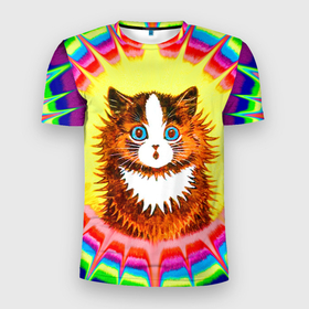 Мужская футболка 3D Slim с принтом Psychedelic Rainbow Cat в Белгороде, 100% полиэстер с улучшенными характеристиками | приталенный силуэт, круглая горловина, широкие плечи, сужается к линии бедра | Тематика изображения на принте: benedict cumberbatch | louis wain | louis wains cats | psychedelic rainbow cat | the electrical life | антропоморфный | бенедикт камбербэтч | известный художник | кошачьи миры луиса уэйна | луис вэйн | луис уэйн | радуга | радужный кот