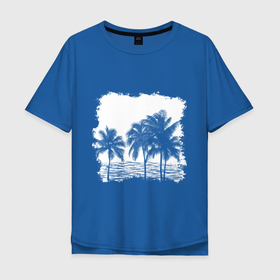 Мужская футболка хлопок Oversize с принтом Пальмы на море силуэт в Белгороде, 100% хлопок | свободный крой, круглый ворот, “спинка” длиннее передней части | summer | белый | лето | море | пальмы | рваные края | силуэт