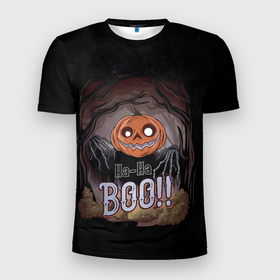 Мужская футболка 3D Slim с принтом Ha ha Boo в Белгороде, 100% полиэстер с улучшенными характеристиками | приталенный силуэт, круглая горловина, широкие плечи, сужается к линии бедра | halloween | арт | графика | зомби | мистика | праздник | тыква | ужасы | хэллоуин
