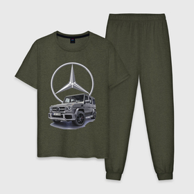 Мужская пижама хлопок с принтом Mercedes Gelendwagen G63 AMG G class G400d в Новосибирске, 100% хлопок | брюки и футболка прямого кроя, без карманов, на брюках мягкая резинка на поясе и по низу штанин
 | Тематика изображения на принте: car | force | g63 amg | germany | mercedes | motorsport | power | prestige | автоспорт | германия | мерседес | мощь | сила