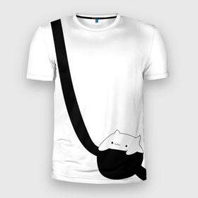 Мужская футболка 3D Slim с принтом Cat в кармашке в Курске, 100% полиэстер с улучшенными характеристиками | приталенный силуэт, круглая горловина, широкие плечи, сужается к линии бедра | Тематика изображения на принте: bongo cat | cat | карман | кот | кот в сумке