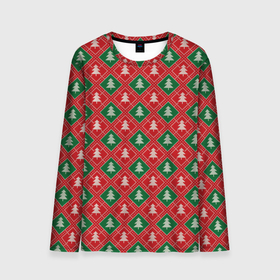 Мужской лонгслив 3D с принтом Ёлочки (красно зелёные) , 100% полиэстер | длинные рукава, круглый вырез горловины, полуприлегающий силуэт | merry christmas | бабушкин свитер | дед мороз | ёлка | елочные шары | новогодний подарок | новый год | подарок | природа | рождество | свитер | свитер с ёлками | снежинки