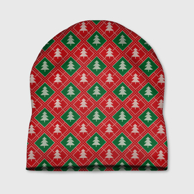 Шапка 3D с принтом Ёлочки (красно зелёные) , 100% полиэстер | универсальный размер, печать по всей поверхности изделия | merry christmas | бабушкин свитер | дед мороз | ёлка | елочные шары | новогодний подарок | новый год | подарок | природа | рождество | свитер | свитер с ёлками | снежинки