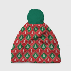 Шапка 3D c помпоном с принтом Ёлочки (красно зелёные) в Тюмени, 100% полиэстер | универсальный размер, печать по всей поверхности изделия | Тематика изображения на принте: merry christmas | бабушкин свитер | дед мороз | ёлка | елочные шары | новогодний подарок | новый год | подарок | природа | рождество | свитер | свитер с ёлками | снежинки