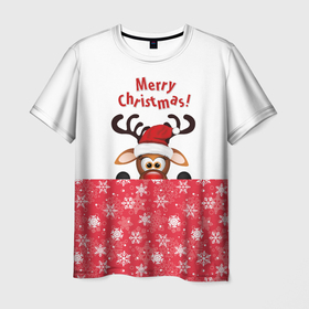 Мужская футболка 3D с принтом Оленёнок (Merry Christmas) в Санкт-Петербурге, 100% полиэфир | прямой крой, круглый вырез горловины, длина до линии бедер | merry christmas | santa claus | дед мороз | ёлка | зверь | зима | лось | мороз | новогодние олени | новый год | оленёнок бэмби | оленёнок рудольф | олень | подарок | празд | рождество | с новым годом | сантаклаус