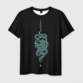 Мужская футболка 3D с принтом вьющаяся змея в Курске, 100% полиэфир | прямой крой, круглый вырез горловины, длина до линии бедер | animal | blue | curly | dangerous | deadly | ghostly | phobia | reptile | snake | вьющаяся | голубая | животное | змея | опаснавя | призрачная | фобия