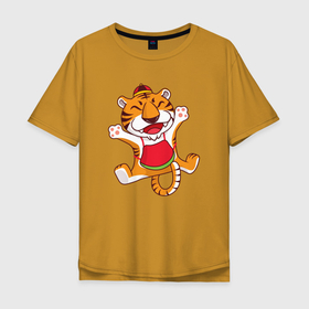 Мужская футболка хлопок Oversize с принтом Веселый тигр в прыжке , 100% хлопок | свободный крой, круглый ворот, “спинка” длиннее передней части | Тематика изображения на принте: 2022 | год тигра | новый год | новый год 2022 | символ года | тигр | тигренок | тигрица | тигры