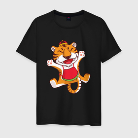 Мужская футболка хлопок с принтом Веселый тигр в прыжке , 100% хлопок | прямой крой, круглый вырез горловины, длина до линии бедер, слегка спущенное плечо. | 2022 | год тигра | новый год | новый год 2022 | символ года | тигр | тигренок | тигрица | тигры