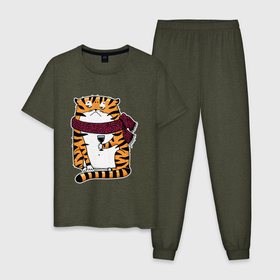 Мужская пижама хлопок с принтом Недовольный тигр с бокалом вина в Петрозаводске, 100% хлопок | брюки и футболка прямого кроя, без карманов, на брюках мягкая резинка на поясе и по низу штанин
 | 2022 | год тигра | новый год | новый год 2022 | символ года | тигр | тигренок | тигрица | тигры