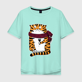 Мужская футболка хлопок Oversize с принтом Недовольный тигр с бокалом вина в Белгороде, 100% хлопок | свободный крой, круглый ворот, “спинка” длиннее передней части | Тематика изображения на принте: 2022 | год тигра | новый год | новый год 2022 | символ года | тигр | тигренок | тигрица | тигры