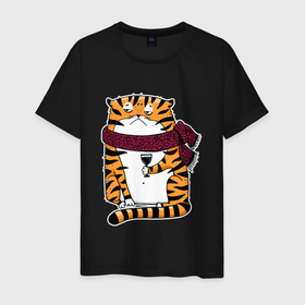 Мужская футболка хлопок с принтом Недовольный тигр с бокалом вина в Курске, 100% хлопок | прямой крой, круглый вырез горловины, длина до линии бедер, слегка спущенное плечо. | 2022 | год тигра | новый год | новый год 2022 | символ года | тигр | тигренок | тигрица | тигры