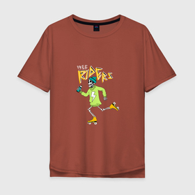 Мужская футболка хлопок Oversize с принтом FREE RIDERS , 100% хлопок | свободный крой, круглый ворот, “спинка” длиннее передней части | crazy | dark | mad | skeleton | молния | ролики | роликовые коньки | скелет | хэллоуин | энергия