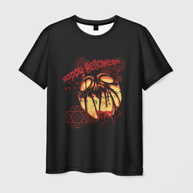 Мужская футболка 3D с принтом happy Halloween в Петрозаводске, 100% полиэфир | прямой крой, круглый вырез горловины, длина до линии бедер | blood | bloody | evil | halloween | happy | monster | pumpkin | spiteful | spray | брызги | веселого | зло | злобный | кровавая | кровавый | кровь | монстр | тыква | хэллоуин | хэллоуина