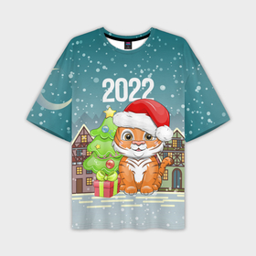 Мужская футболка OVERSIZE 3D с принтом Тигренок с елочкой в Петрозаводске,  |  | 2022 | год тигра | новый год | новый год 2022 | символ года | тигр | тигренок | тигрица | тигры