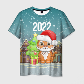 Мужская футболка 3D с принтом Тигренок с елочкой , 100% полиэфир | прямой крой, круглый вырез горловины, длина до линии бедер | 2022 | год тигра | новый год | новый год 2022 | символ года | тигр | тигренок | тигрица | тигры