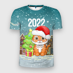 Мужская футболка 3D спортивная с принтом Тигренок с елочкой в Новосибирске, 100% полиэстер с улучшенными характеристиками | приталенный силуэт, круглая горловина, широкие плечи, сужается к линии бедра | Тематика изображения на принте: 2022 | год тигра | новый год | новый год 2022 | символ года | тигр | тигренок | тигрица | тигры